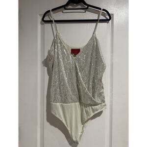 NWT Jennifer Lopez XLarge Sequin Cream/Silver Wrap Bodysuit Shirt